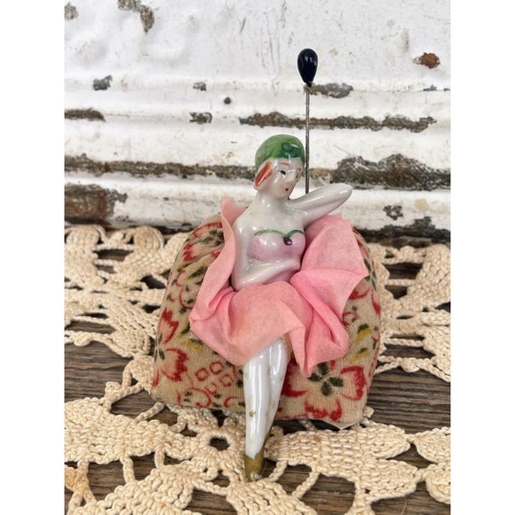Antique Bathing Beauty Type pincushion Half Doll On Chair Legs out Japan - Picture 1 of 11
